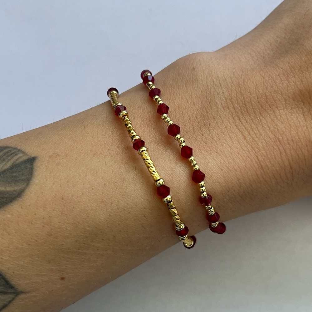 Red and Gold Beaded Bracelet | Handmade Stretch Valentines Jewelry
